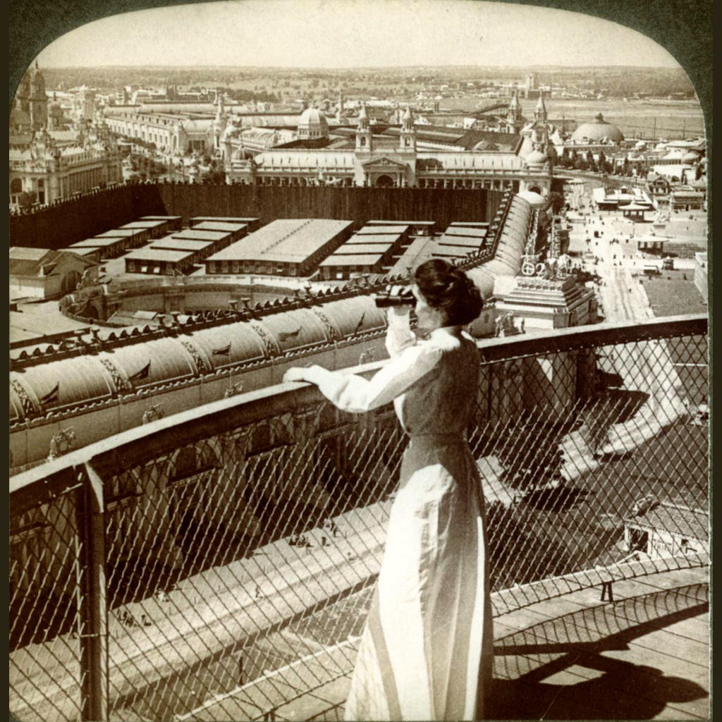 From Wireless Tel. Tower west over huge Manufactures Bldg. to the Pike. Louisiana Purchase Exposition