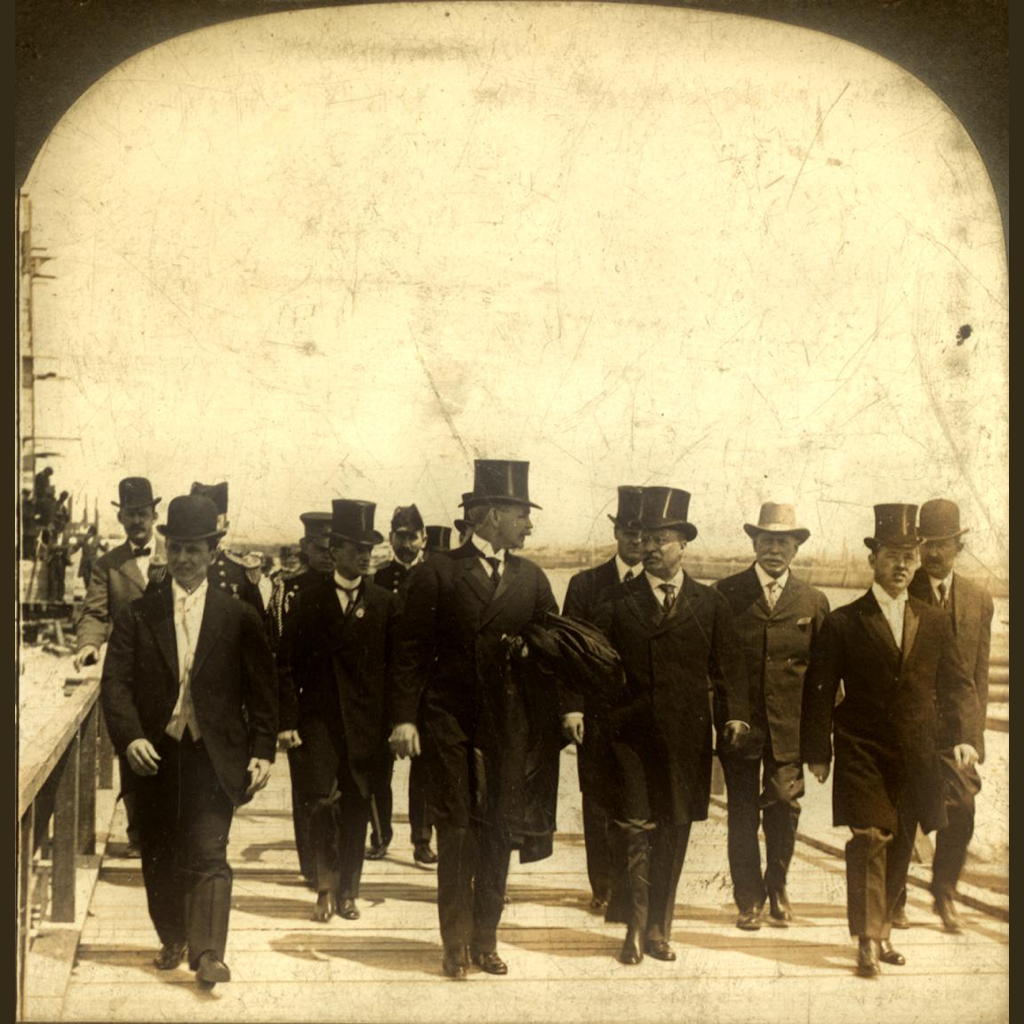 President Roosevelt on his arrival at the exposition grounds, accompanied by President Tucker of the Exposition Company and members of the Presidential Party, April 26, 1907.